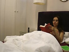 All Natural Tight Pussy Big Ass Hot Brunette Babysitter Reads A Book On A Bed Without Any Underwear