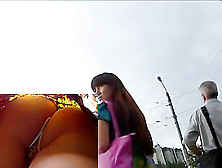 Throat-watering string panty upskirt (fake)