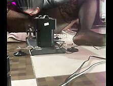 the blackpussy porn star mounts a sex machine with smooth operator