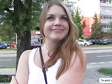 Russian hot chick Alessandra gets fucked by the fake agent in the bushes