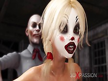 Joker Bangs Rough A Alluring Charming Blonde In A Clown Mask In The Abandoned Room