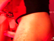 Bound Babe Strokes Off Two Hard Cocks And Gets Fucked While In A Red Corset