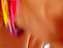 Babe in sexy high heeled shoes sitting on hunkers upskirt (fake)