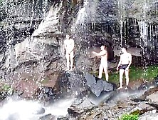 Many Guys In The Waterfall,  One Is Naked