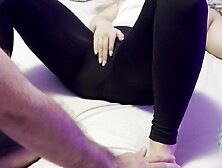 Lewd girlfriend in ripped yoga panties squirt all over the room