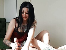 Beautiful Dominatrix quickly brings her submissive's big dick to the end. Femdom handjob