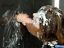 Euro brunette beauty sucks gloryhole and gets sperm showered