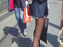 Candid Teen In Black Pantyhose Sneekers