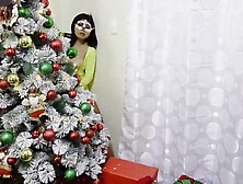 RICH THREESOME AT CHRISTMAS - Breasty stepdaughter secretly watches as her curvy stepmother screws her 2 stepsons