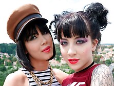 Two white angels Charlotte Sartre and Lady Dee fuck with two big black dicks