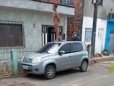 Crazy Naked Woman Stands On Car