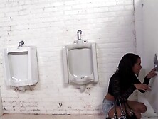 Skinny Brunette Strips And Craves For Glory Hole Dick In The Bathroom.