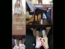 Nerdy gf rubbing her boyfriend's dick with her hot feet under the table