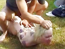 Beautiful golden haired French bitch public fucking