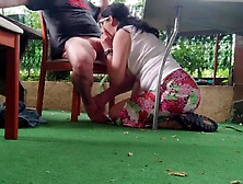 Horny Woman Sucks Big Cock Under The Table