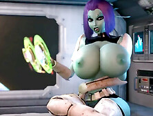 Sultry alien babe uses a spaceship control panel to enhance her amazing boobs