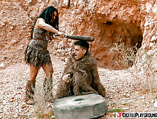 Busty brunette August Taylor pleasures young dude outdoors