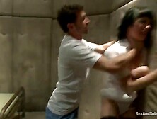 Gagged brunette,  Asphyxia Noir was tied up and fucked until she had an intense orgasm