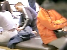 Sexy skinny brunette in white pants in candid camera