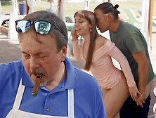 Rough outdoor dicking in doggy style with brunette Tommy King