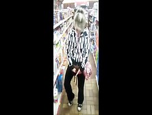 Masturbation with shampoo package in the store.