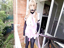 Seductive Goth Maid Explores Her Virginity By Riding A Dildo On A Public Balcony