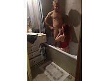 My stepmom tells me come and I'm going to show you how she fucks and gets into the bathtub,  she grabs my huge black cock an