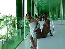 Public sex with a beautiful girl on the transparent balcony of the hotel