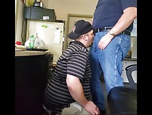 Daddy trucker dumps a quick load in Chubby Boy's m