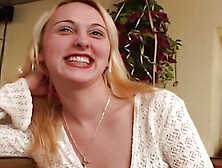 A wild blonde slut from Germany sucking a hard pecker in POV