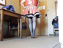 Sissy Ray In Satin Maids Dress And Black Fishnet Stockings