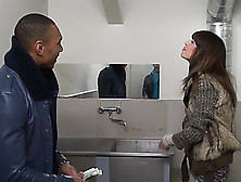 Marya in black guy and a hot chick having sex in restroom