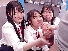 Three beautiful girls in uniform get excited when they see a man's penis and cum all over his hands.