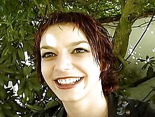 Slender French girl swallowing cum at the backyard