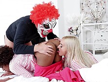 Two cute teen babes Daisy Lee and Luna Corason share a big ebony cock