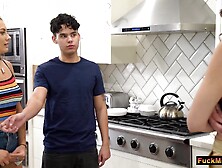 Wicked boyfriend started sucking my titties whilst I was washing dishes,  when his stepmom caught us,  but the wench just wishes s