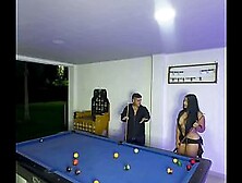 A college girl is fucked after a game of pool while her boyfriend is away.