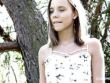 Sweet chick Poppy Pleasure plays with her cunt outdoors