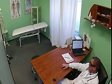 Blonde without panties in pantyhose fucked by doctor