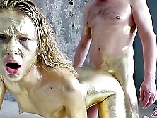 Beauty In Gold Paint Sucks Cock And Fuck