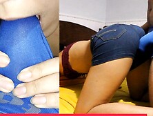 Jeans shorts dry humping,  grinding rear-end,  lap dance spunk,  with titjob and oral sex