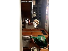 Son wanks behind mom and cums