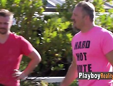 Couples foreplay in the backyard as they get ready for the swing party