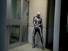 Nighttime Skeleton Jerking Off In Front Of Outside Doors