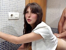 Creampie In My Hairy Pussy,  My Stepfather Fills Me With Semen In The Bathroom While His Friends Are In The Living Room