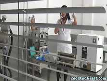 Smoking nurse sucking on rod