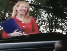 Cute ginger lady watches him jerk off in the car