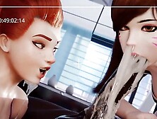 Dva from Overwatch deepthroats big black cock while Brigitte swallows massive load and sucks on big balls