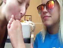 Hot Blonde With Sunglasses Shares Her Own Foot And Toes With Her Girlfriend