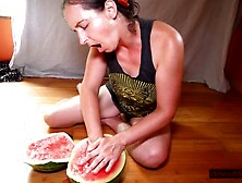 Solo Cunt-liking MILF Sucks, Fists, Squirts on Watermelon; Eats Squirt; Messy!